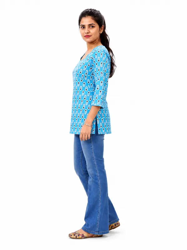 Women_S_Blue_Printed_Square_Neck_Top_With_3_4_Sleeves