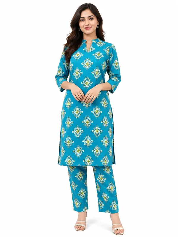 Women_S_Teal_Blue_Printed_Kurta_Pant_Set_With_Mandarin_Collar_3_4_Sleeves