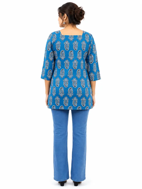 Women_S_Blue_Printed_Square_Neck_Top_With_3_4_Sleeves