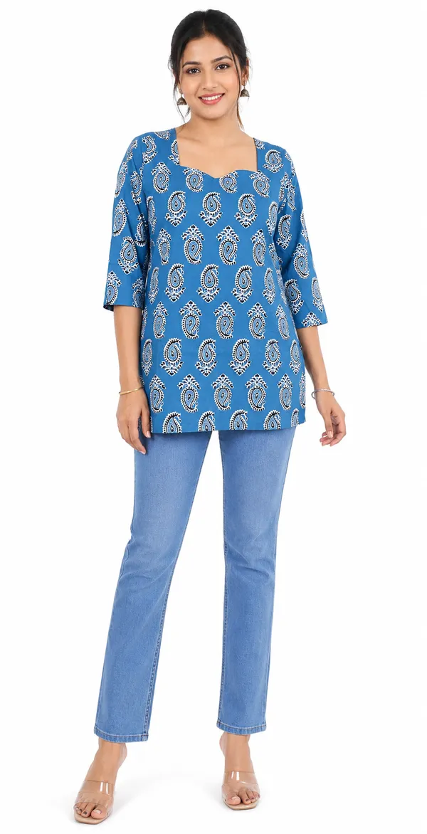Women_S_Blue_Printed_Square_Neck_Top_With_3_4_Sleeves