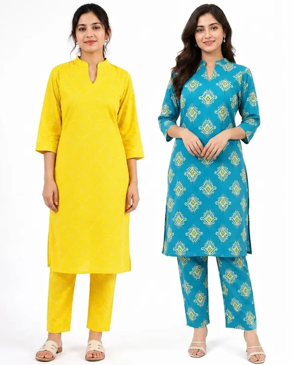Womens_Printed_Kurta_Pant_Set_With_Mandarin_Collar_3_4_Sleeves_Combo_Set