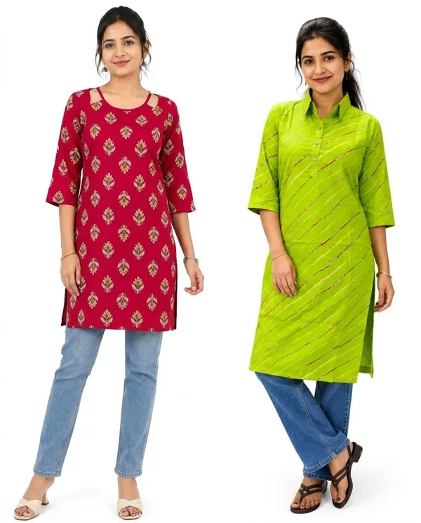 Womens_Straight_Kurti_With_Shirt_Collar_3_4_Sleeves_Combo_Set