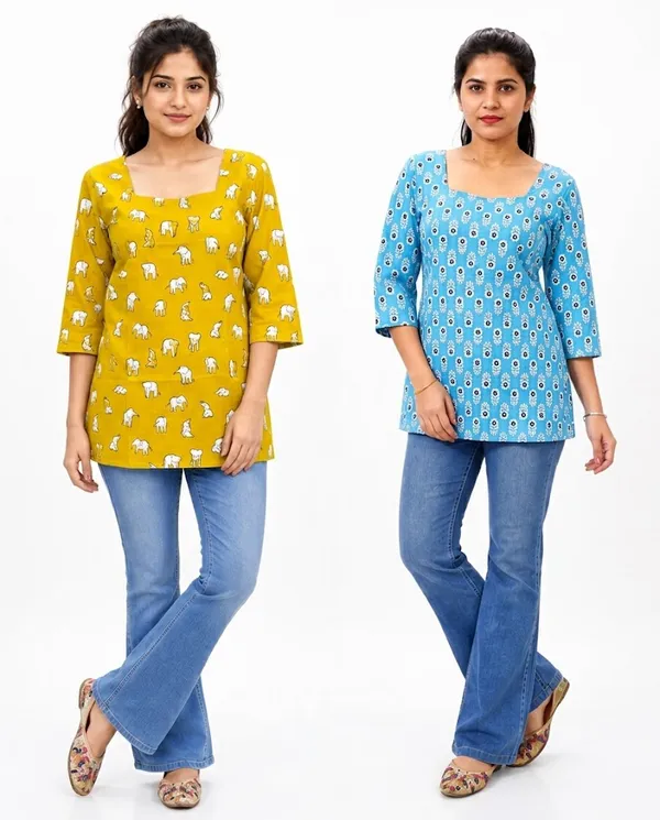 Womens_Blue_Printed_Square_Neck_Top_With_3_4_Sleeves_Combo_Set