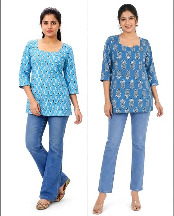 Womens_Printed_Square_Neck_Top_With_3_4_Sleeves_Combo_Set