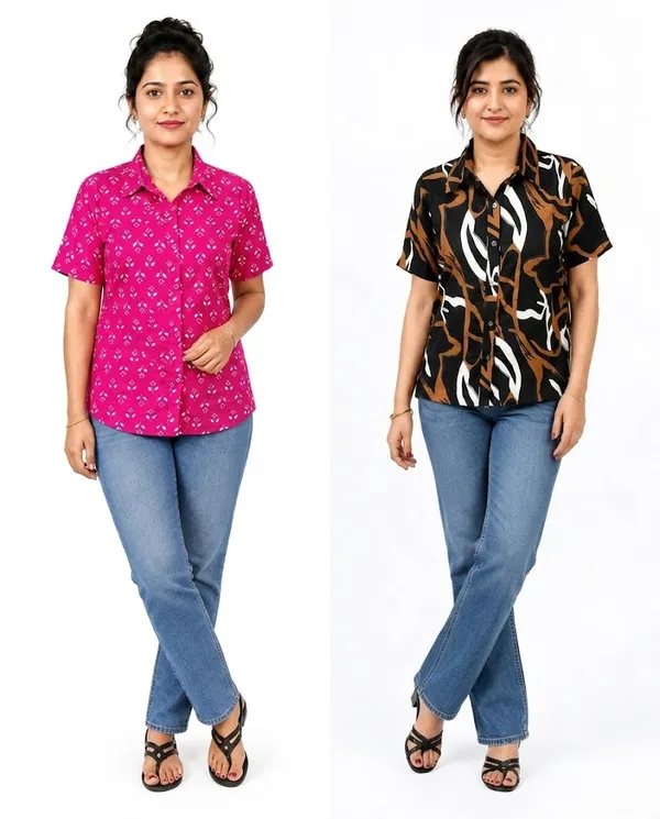 Women's_Print_Short_Sleeve_Button-Down_Shirt_Combo_Set