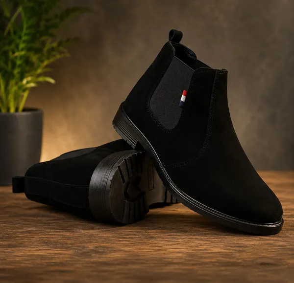 EVICTA_Trendy_Suede_Leather_Chelsea_Boots_for_Men_|_Comfortable_Flat_Heel_Ankle_Shoes_Boots_For_Men_(Black_,_10)