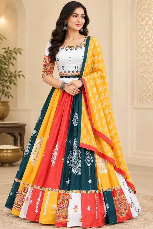 Multi_White_Lehenga_Choli_With_Mirror_Work_And_Attached_Yellow_Dupatta