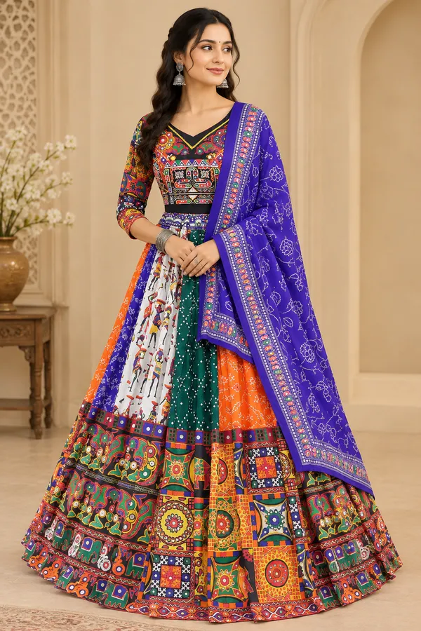 Blue_Black_Lehenga_Choli_With_Mirror_Work_And_Attached_Blue_Dupatta