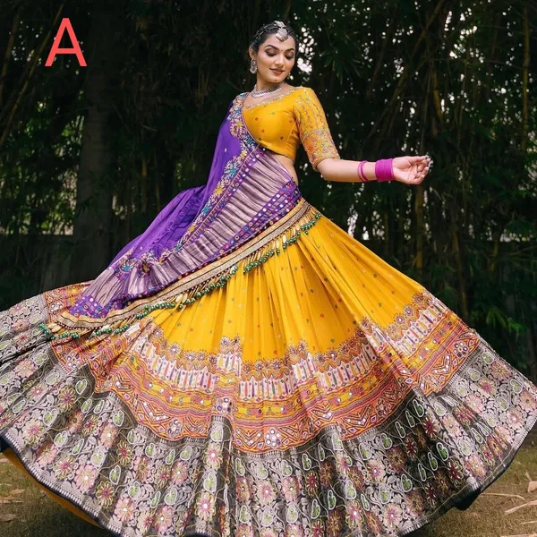 Yellow_Lehngha_Choli_With_Mirror_Work_And_Attached_Purple_Dupatta