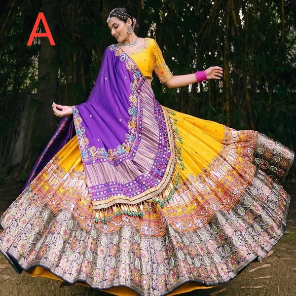 Yellow_Lehngha_Choli_With_Mirror_Work_And_Attached_Purple_Dupatta