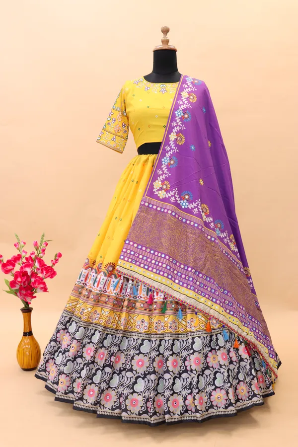 Yellow_Lehngha_Choli_With_Mirror_Work_And_Attached_Purple_Dupatta