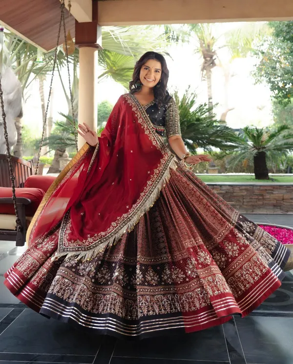 Red_And_Black_Designer_Lehngha_Real_Mirror_Work_With_Dupatta