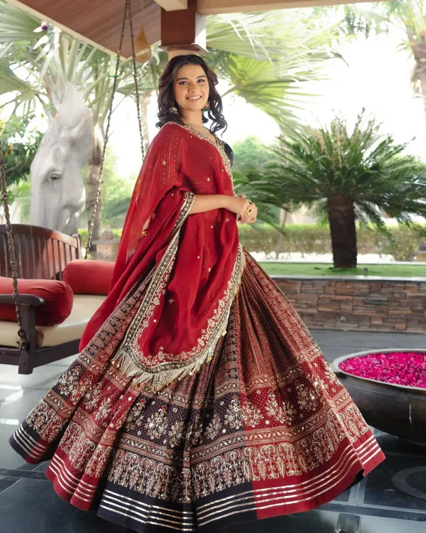 Red_And_Black_Designer_Lehngha_Real_Mirror_Work_With_Dupatta