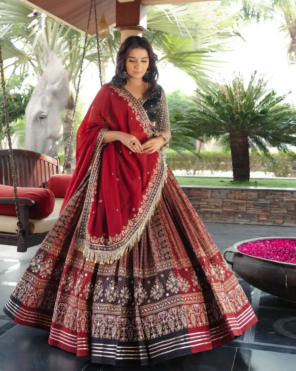 Red_And_Black_Designer_Lehngha_Real_Mirror_Work_With_Dupatta