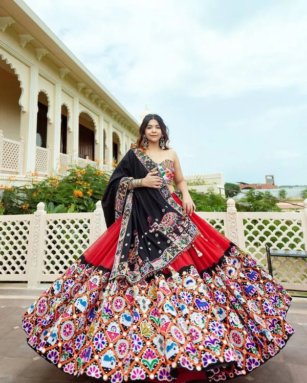 Orange_And_Black_Designer_Lehngha_Real_Mirror_Work_With_Dupatta