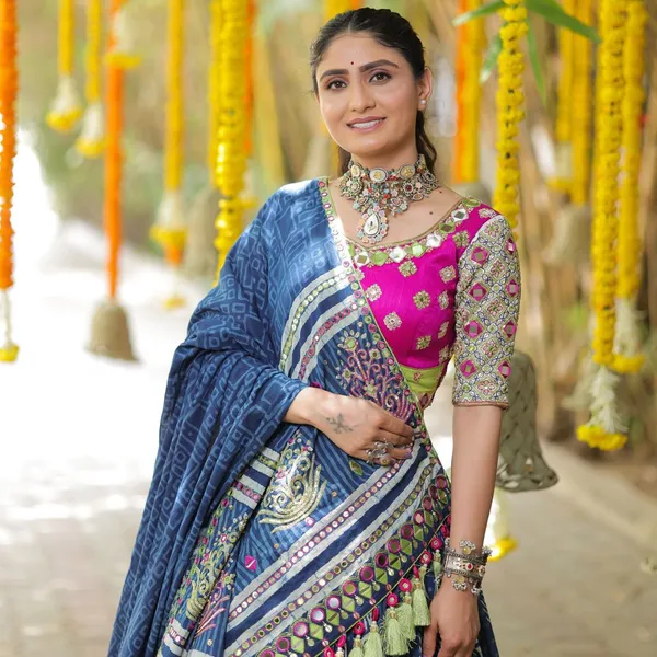 Blue_Lehngha_Choli_With_Mirror_Work_And_Attached_Blue_Dupatta