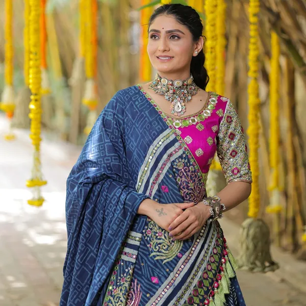 Blue_Lehngha_Choli_With_Mirror_Work_And_Attached_Blue_Dupatta