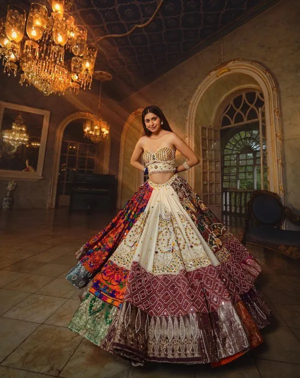 Orange_And_Cream_Bhagalpuri_Designer_Lehngha_Real_Mirror_Work_With_Dupatta