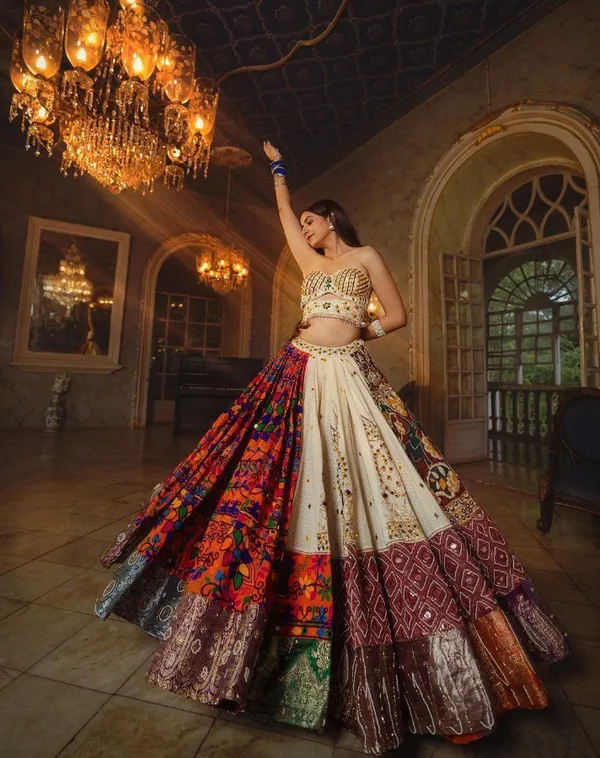 Orange_And_Cream_Bhagalpuri_Designer_Lehngha_Real_Mirror_Work_With_Dupatta