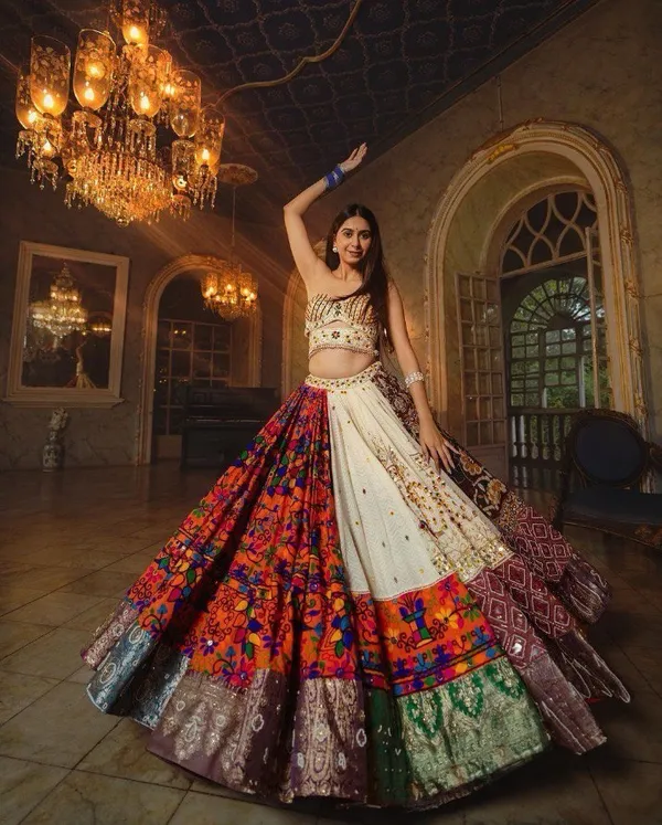Orange_And_Cream_Bhagalpuri_Designer_Lehngha_Real_Mirror_Work_With_Dupatta