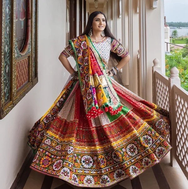 Red_And_Green_Designer_Lehngha_Real_Mirror_Work_With_Dupatta