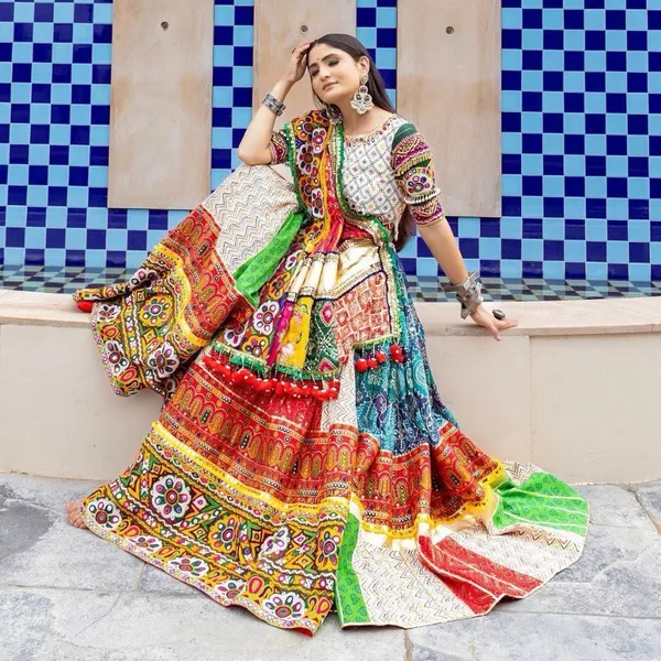 Red_And_Green_Designer_Lehngha_Real_Mirror_Work_With_Dupatta