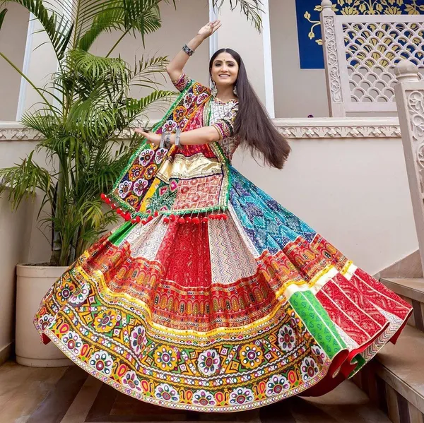 Red_And_Green_Designer_Lehngha_Real_Mirror_Work_With_Dupatta