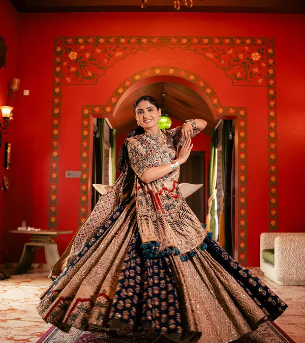Cream_And_Blue_Designer_Lehngha_Real_Mirror_Work_With_Dupatta