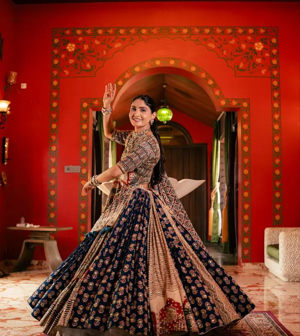 Cream_And_Blue_Designer_Lehngha_Real_Mirror_Work_With_Dupatta