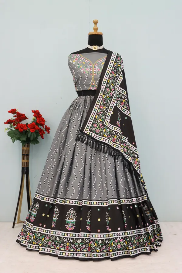 Grey_And_Black_Designer_Lehngha_Real_Mirror_Work_With_Dupatta