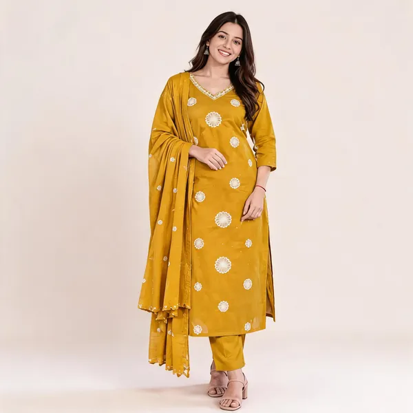 Mustard_Cotton_Embroidered_Kurta_Set_For_Women