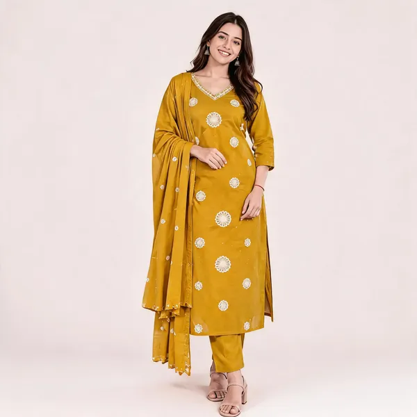 Mustard_Cotton_Embroidered_Kurta_Set_For_Women