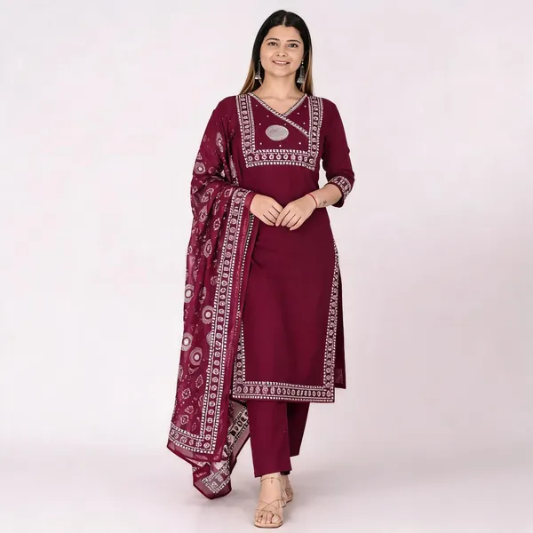 Burgundy_Cotton_Straight_Printed_Kurta_Set_For_Women