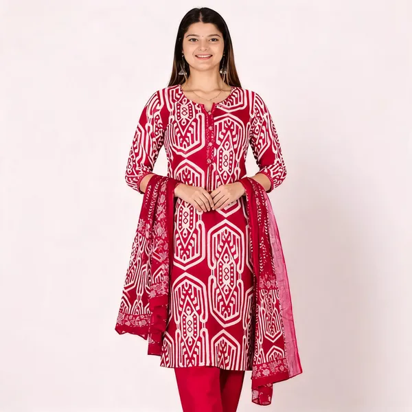 Red_Cotton_Straight_Printed_Kurta_Set_For_Women