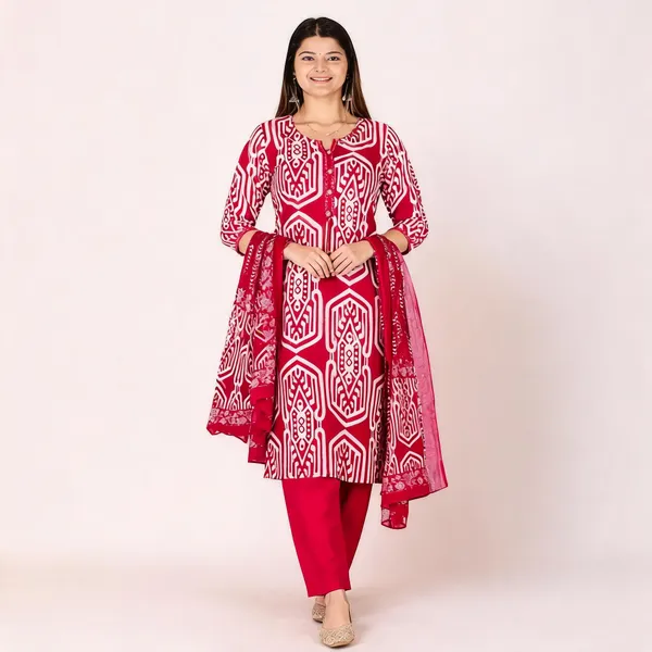 Red_Cotton_Straight_Printed_Kurta_Set_For_Women