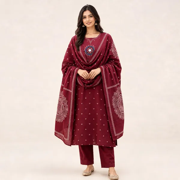 Burgundy_Cotton_Straight_Embroidered_Kurta_Set_For_Women