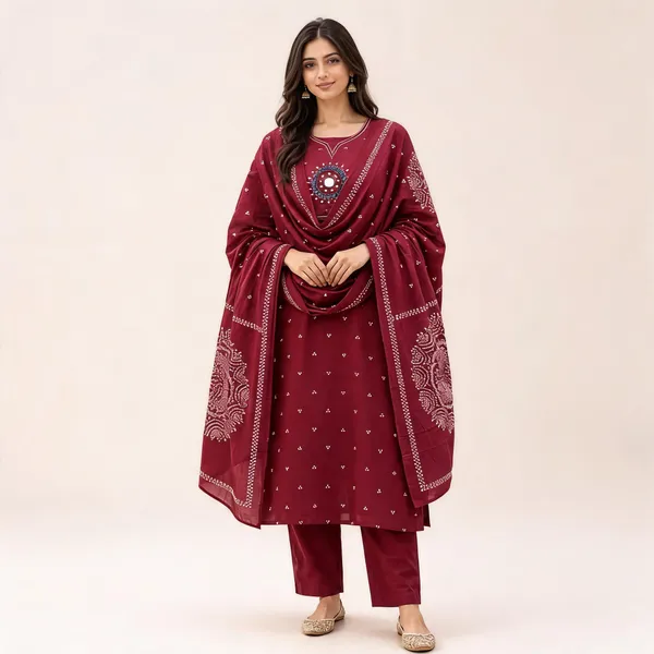 Burgundy_Cotton_Straight_Embroidered_Kurta_Set_For_Women