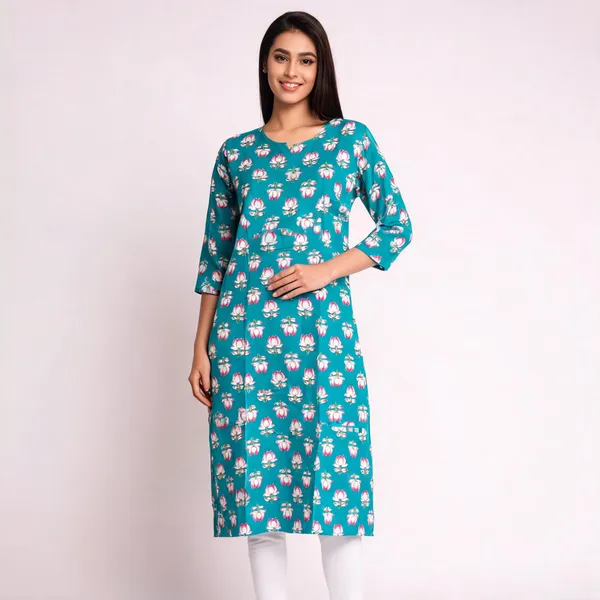 Teal_Cotton_Straight_Floral_Print_Kurta_For_Women