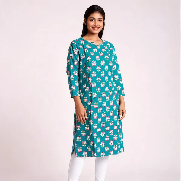 Teal_Cotton_Straight_Floral_Print_Kurta_For_Women