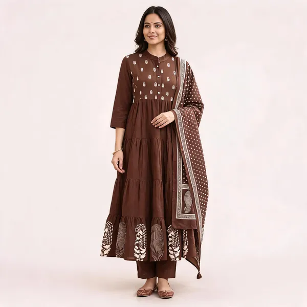 Brown_Cotton_Anarkali_Printed_Kurta_Set_For_Women