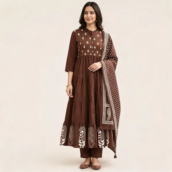 Brown_Cotton_Anarkali_Printed_Kurta_Set_For_Women