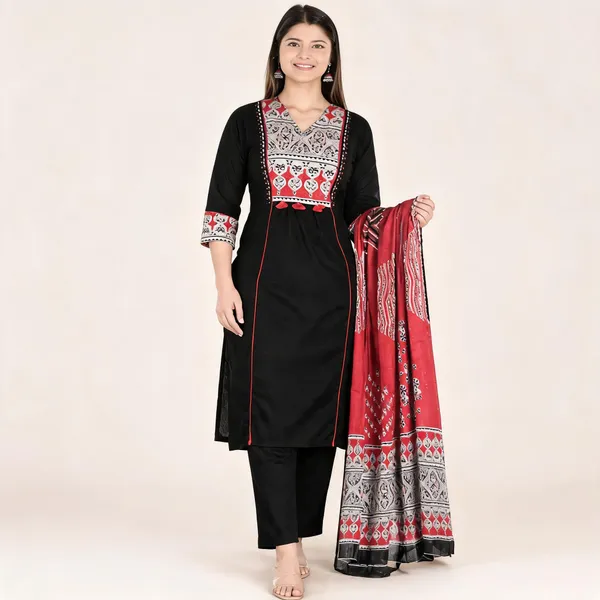 Black_Cotton_Straight_Printed_Kurta_Set_For_Women