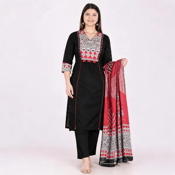 Black_Cotton_Straight_Printed_Kurta_Set_For_Women