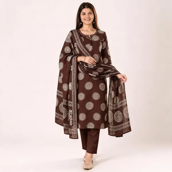 Brown_Cotton_Straight_Printed_Kurta_Set_For_Women