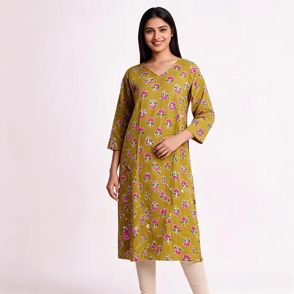 Mustard_Cotton_Straight_Floral_Print_Kurta_For_Women