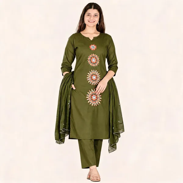 Olive_Green_Cotton_Straight_Embroidered_Kurta_Set_For_Women