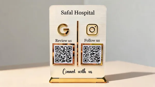 Safal_Hospital_QR_Code_Review_And_Follow_Us_Tabletop_Sign
