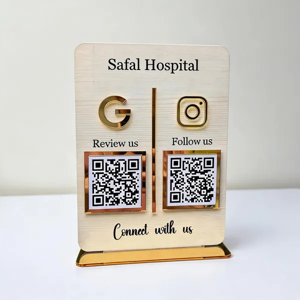 Safal_Hospital_QR_Code_Review_And_Follow_Us_Tabletop_Sign