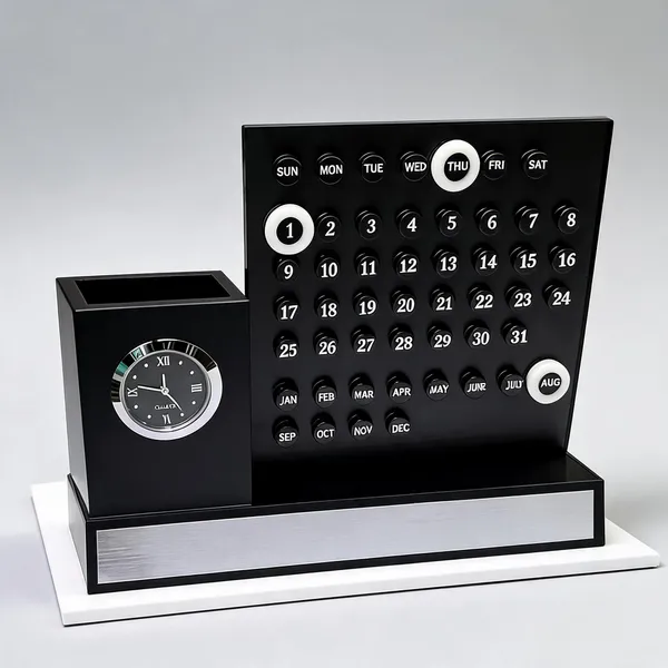Black_Desktop_Calendar_Clock_With_Pen_Holder