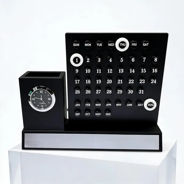 Black_Desktop_Calendar_Clock_With_Pen_Holder